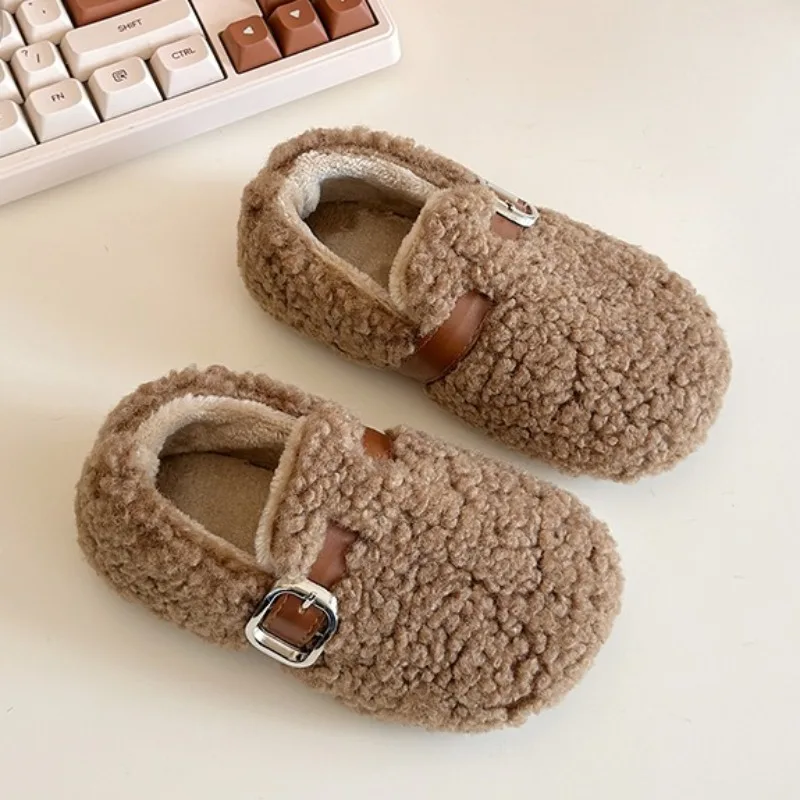 Children flats Shoes for Winter Soft Soled Baby Shoes Indoor Plush and Thick Furry Shoes for Kids Non-slip Boys Girls Slippers