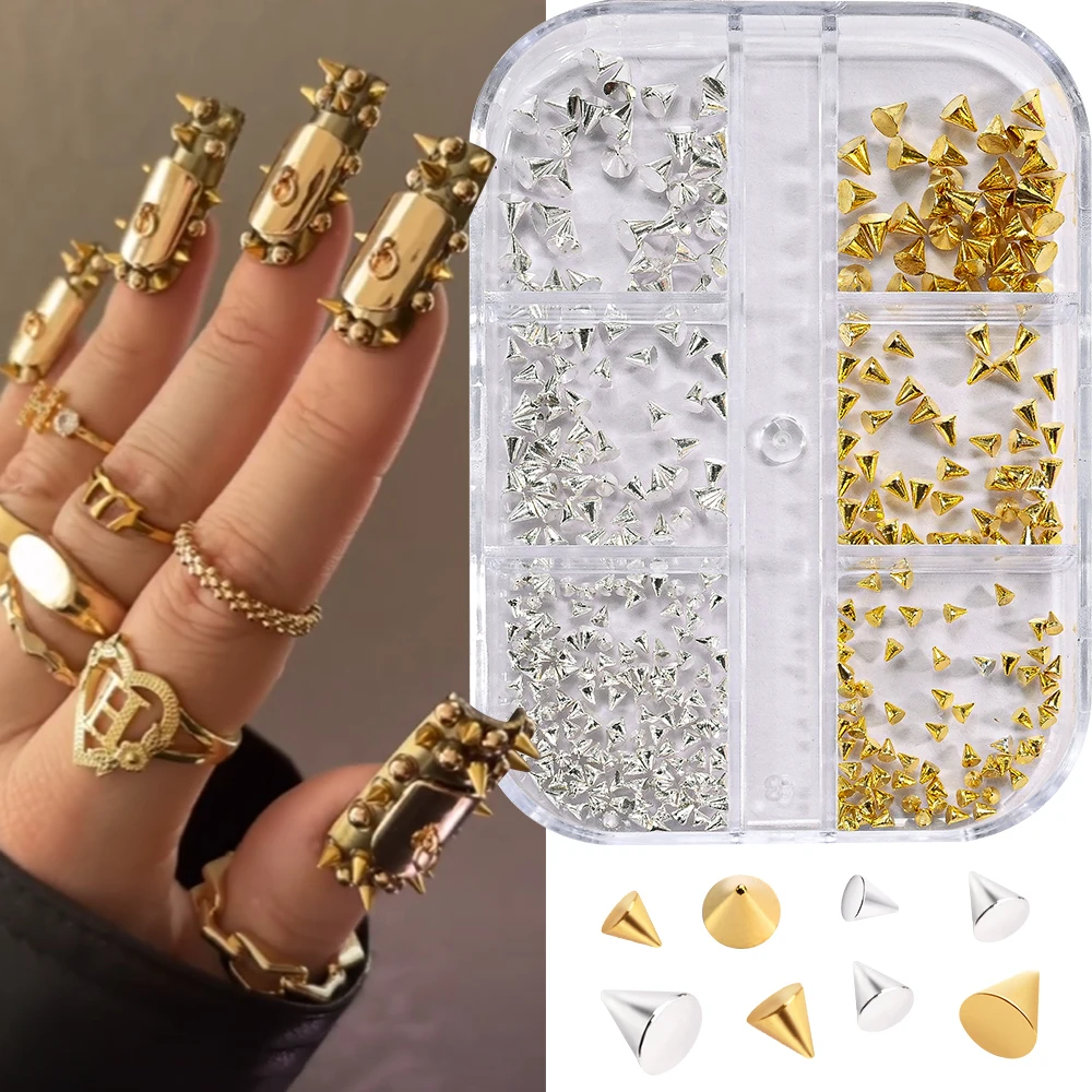 6 rejillas 3D Punk remache Nail Art Charms aleación de fondo plano cono puntiagudo tachuelas de uñas mixtas negro plata oro manualidades DIY remache de punta