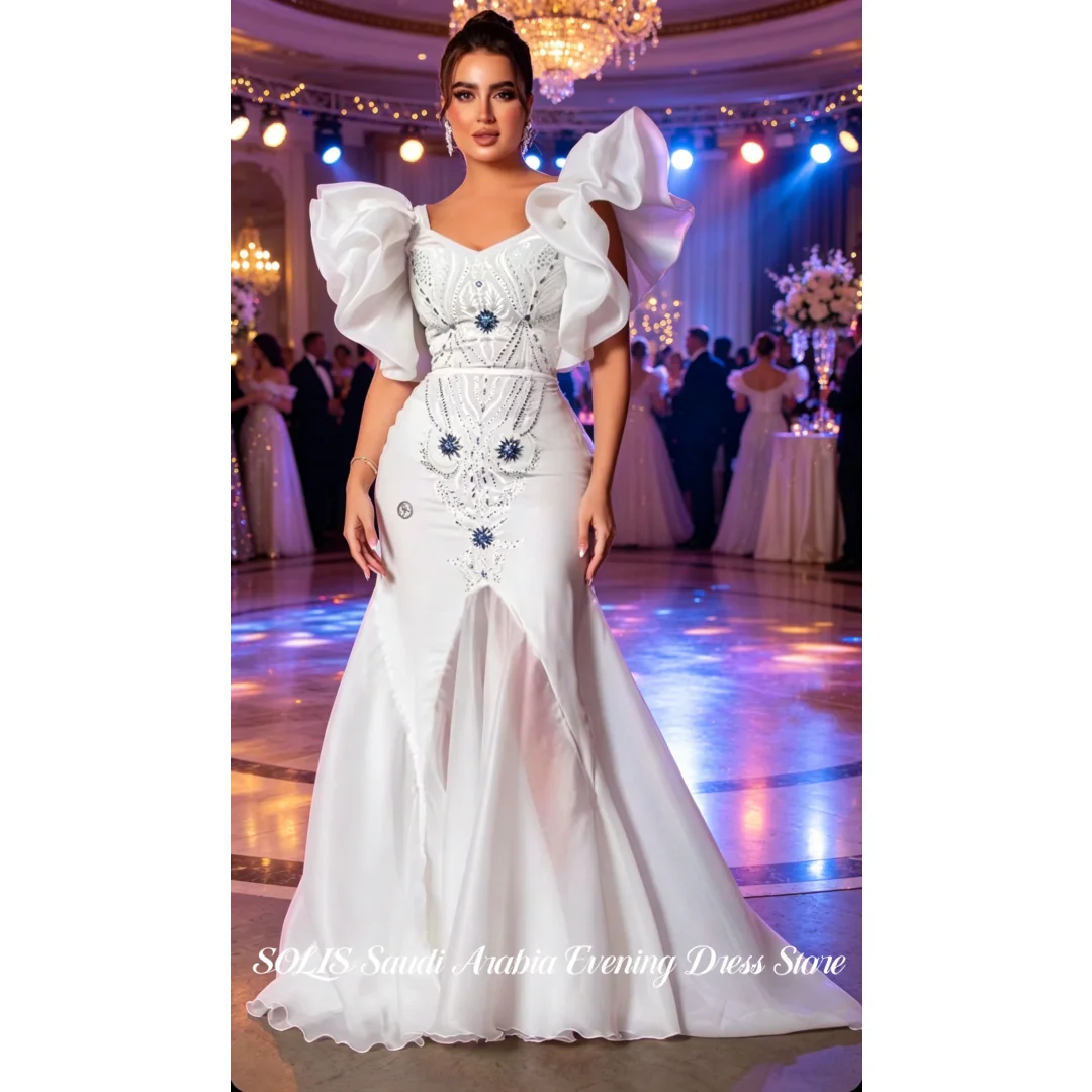 

SOLIS White Mermaid Evening Dress Puff Ruffle Sleeve Prom Dresses With Beaded And Sequined Floor-Length Party Gown Customized