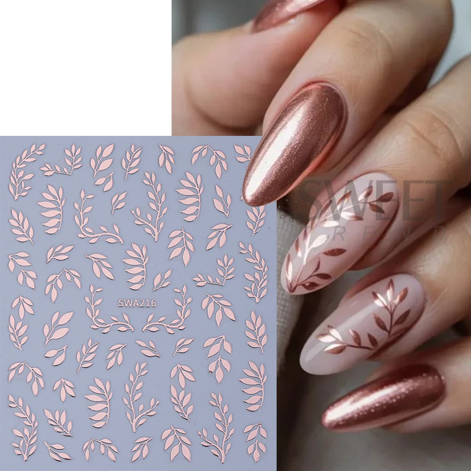 3 Stück Bronzefarbene Blätter Nagelkunst-Aufkleber Roségold Silber Blumen- und Blätterdesign Elegante Slider-Aufkleber DIY Sommer-Maniküre-Dekoration – Detail 3