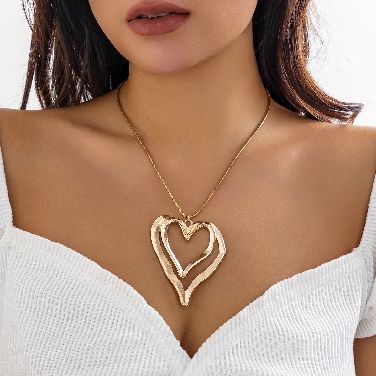 Lacteo Trendy Doppelschichtige Unregelmäßige Herz Anhänger Halskette für Frauen Dünne Schlangenkette Colliers Mädchen Party Kragen Schmuck Geschenk