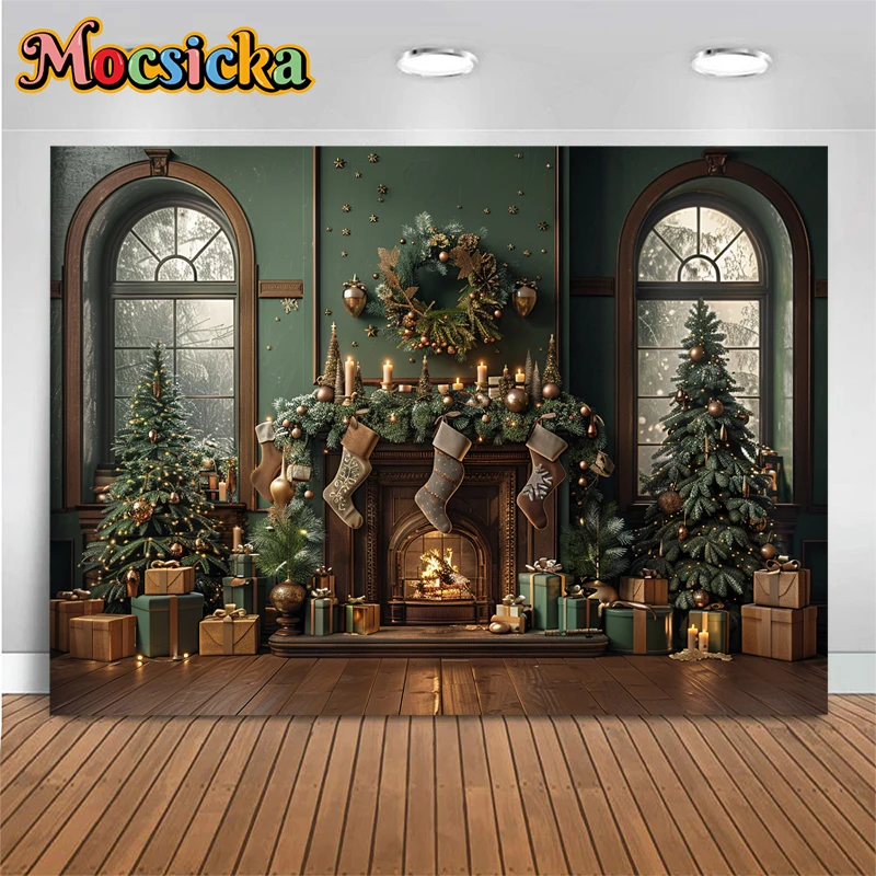 Christmas Fireplace Background Photography Christmas Tree Gift Socks Green Wall Baby Photo Backdrops Room Decorations Photobooth