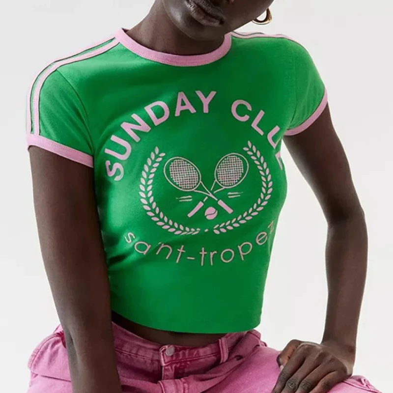 NOVEDAD DE VERANO 20225, camiseta con estampado de calle americana de estilo corto para chica picante, camiseta adelgazante con contraste de Color personalizado, ropa para mujer