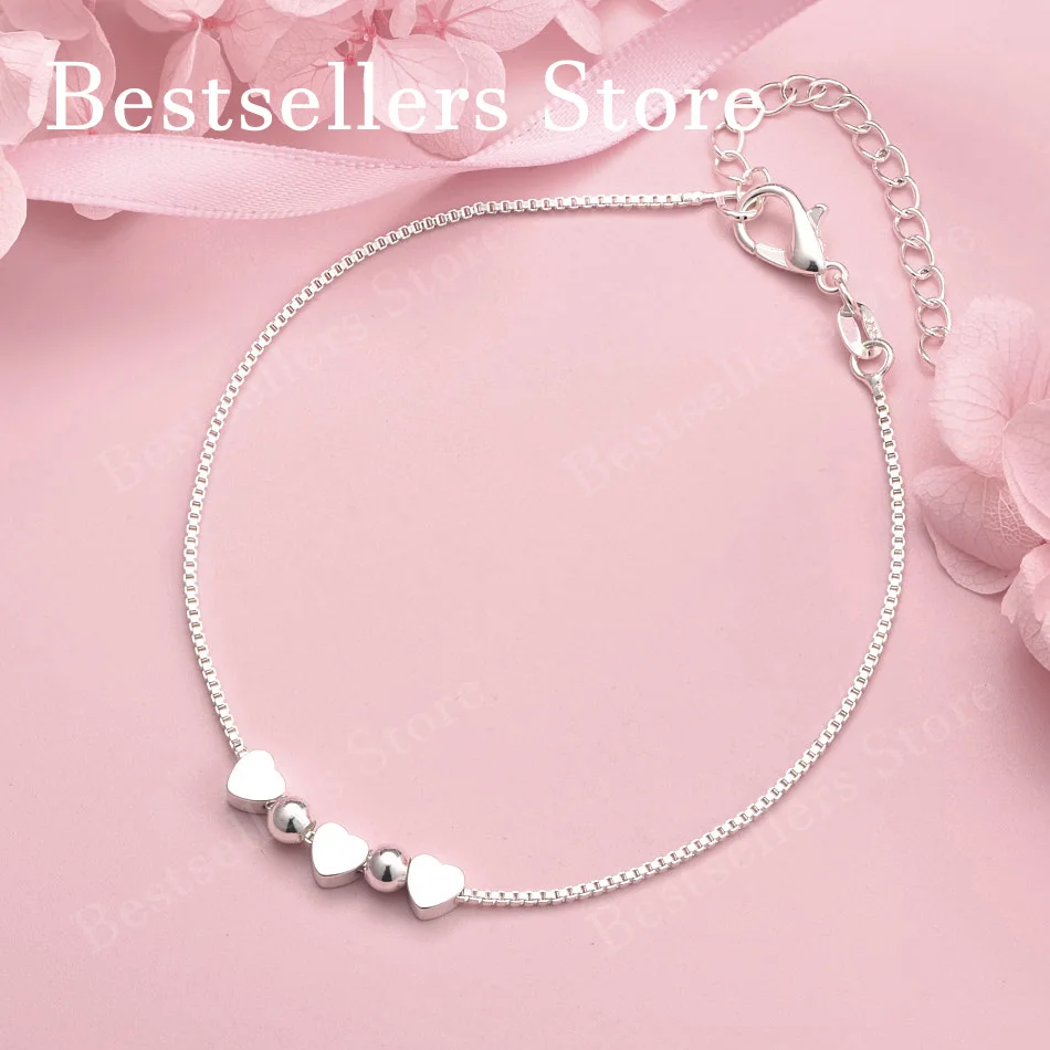

925 sterling silver 8-inch exquisite heart-shaped round bead bracelet for women's fashion wedding party jewelry accessories