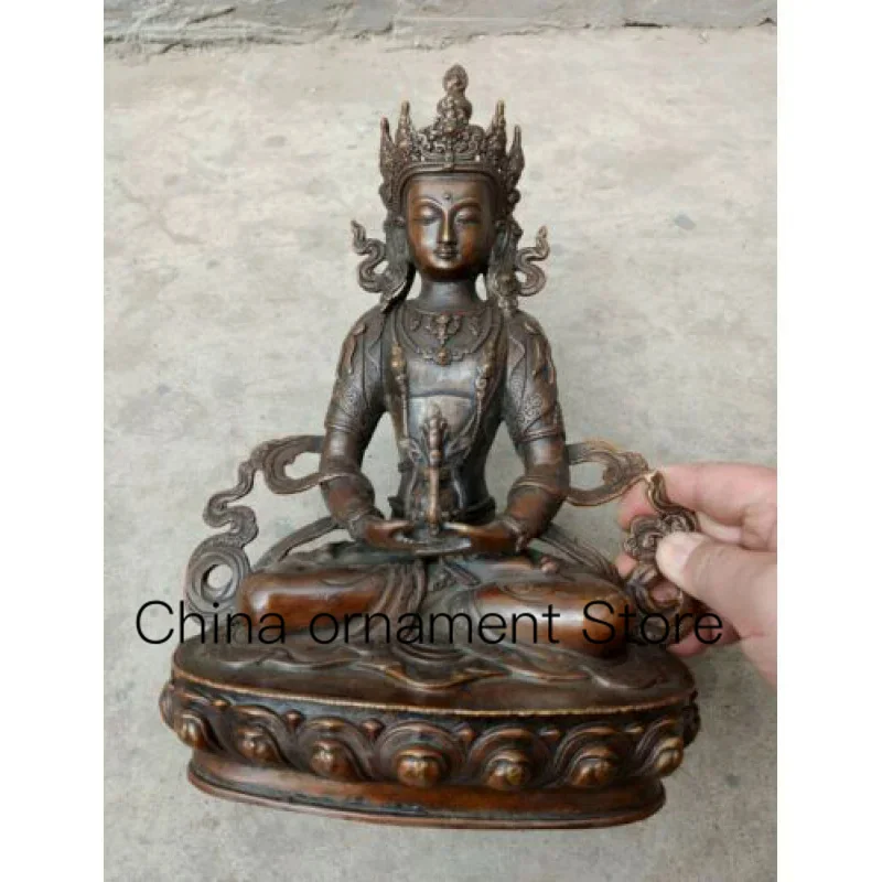 30cm Buddha Statue Old-Fashioned Hand Carved Buddhist Bronze Amitayus Amitabha Sakyamuni