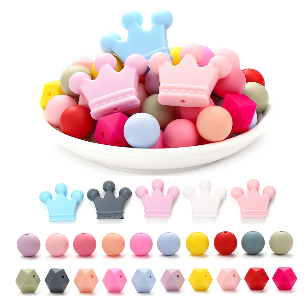 65Pcs Crown Silicone Beads Baby Teether Bpa Free Teething Beads Set for Baby Chew Teething Necklace Diy Pacifier Clips Accessory