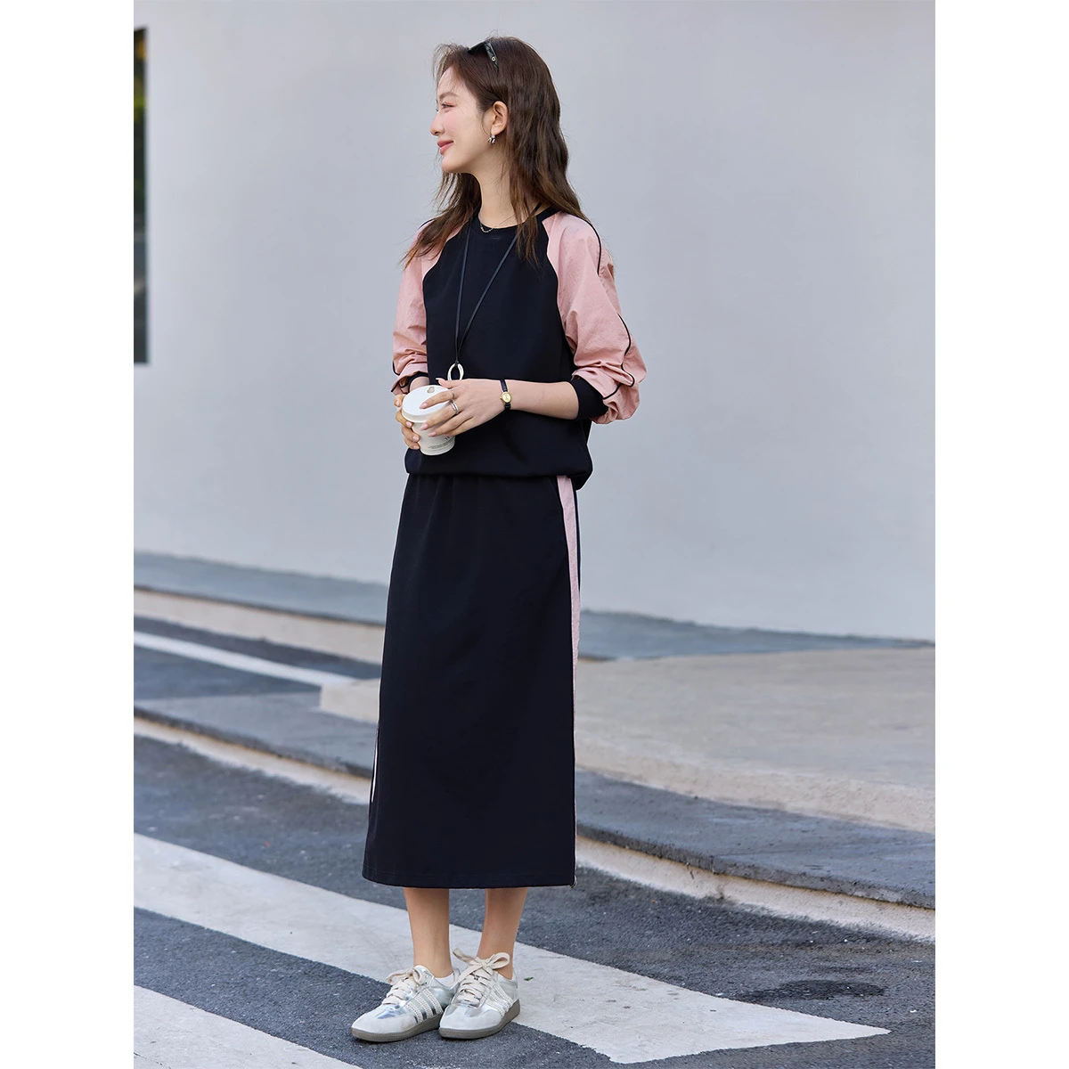 VIMLY Women’s Navy Blue Skirt Set 2026 Spring New Round Neck Raglan Sleeve Top Color Block Midi Skirt Two Piece Set Female A5035 image 5