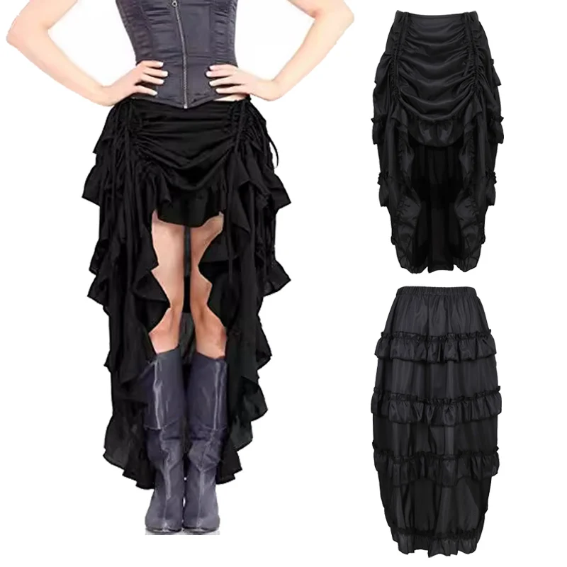 

Steampunk Women Skirts Gothic Irregular Shirring Pleated Party Maxi Long Skirt High Low Costumes Dancing Skirts