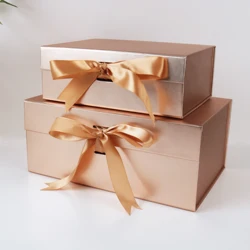 ribbon Gift Box with Magnetic Flip 1pc Golden Folding Box Packaging Cases Display  Bow Ribbon Jewelry Gift  Box