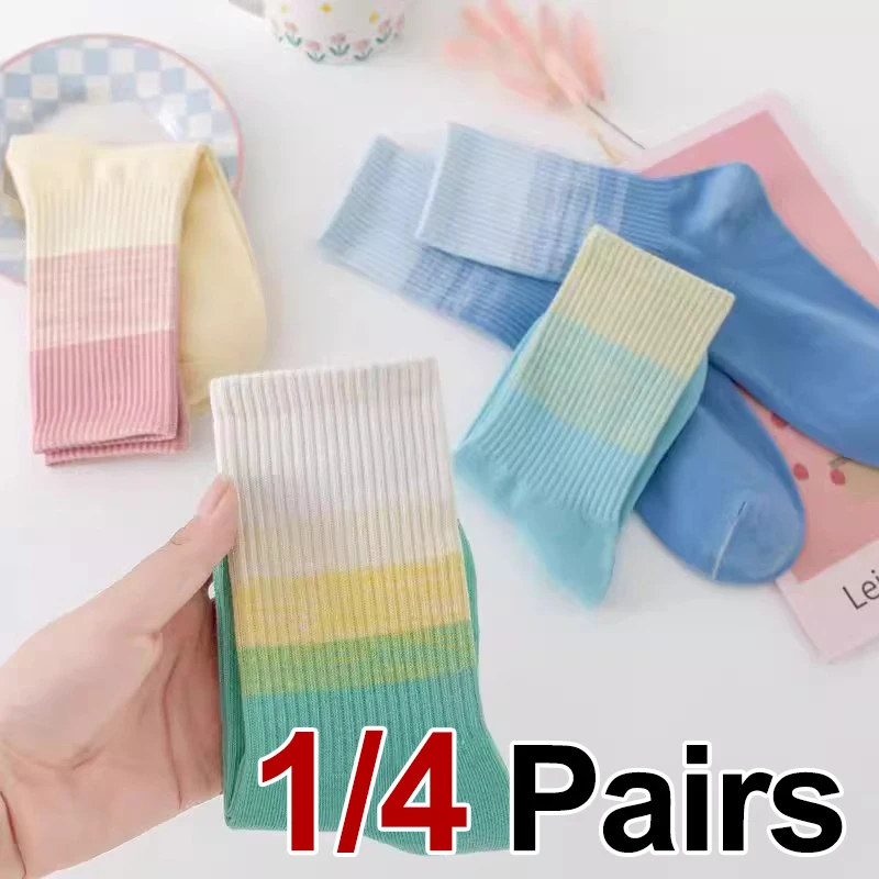 1/4 Paar Damen-Socken mit Batik-Farbverlauf und mittlerem Schlauch, modisch, schlicht, weich, bequem, für alle Jahreszeiten, Sport- und Freizeitsocken
