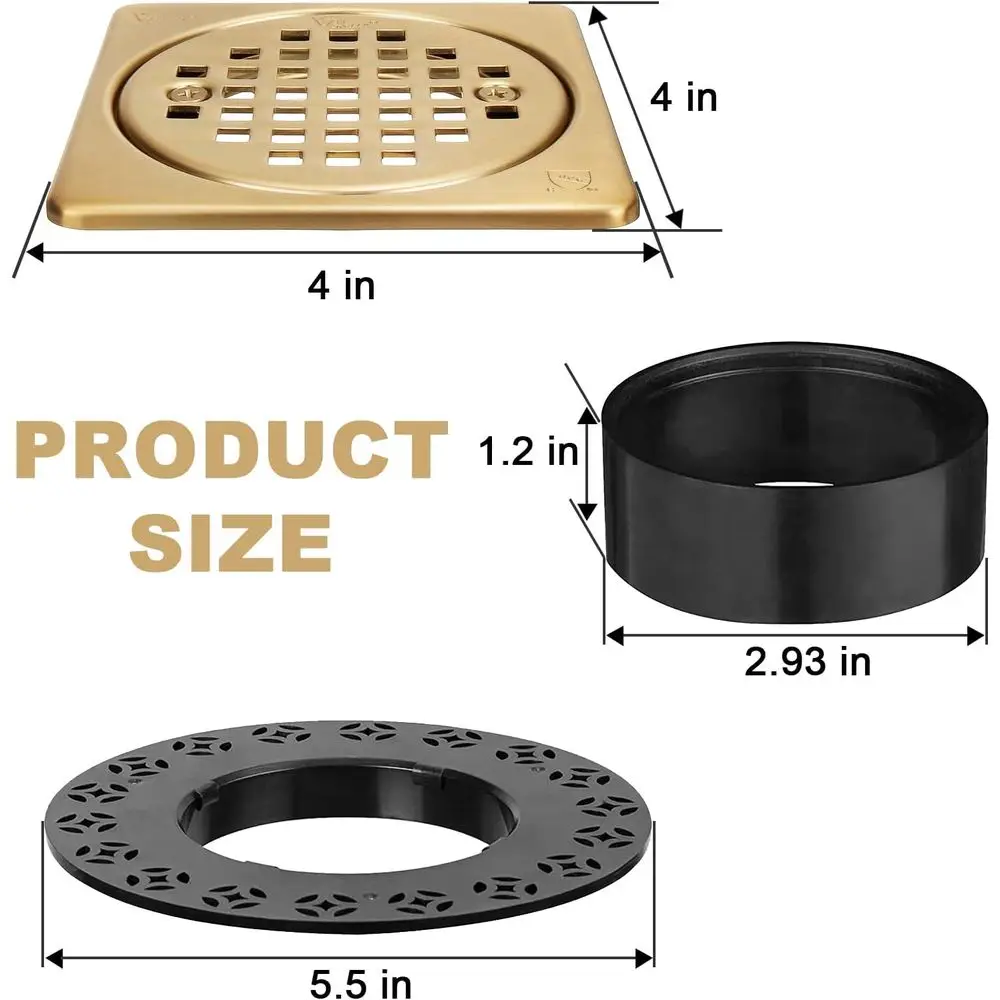 Kit de Grelha de Drenagem de Chuveiro em Bronze de 4 Polegadas com Colar Ajustável e Ralo de Chão Quadrado Removível, Compatível com o Sistema Kerdi Drain