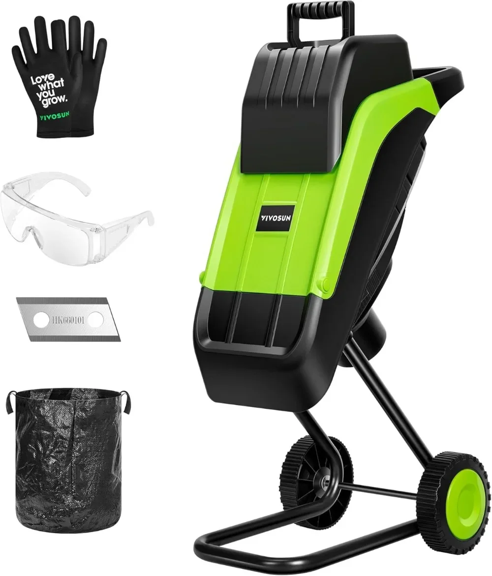 

15-AMP Electric Wood Chipper and Shredder with Wheels and Safety Locking Knob, Equipped with Plunger, 50L Collection Bag,Green