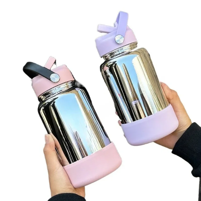 New 650ml sports kettle portable handle straw water cup stainless steel electroplated large mouth thermos cup
