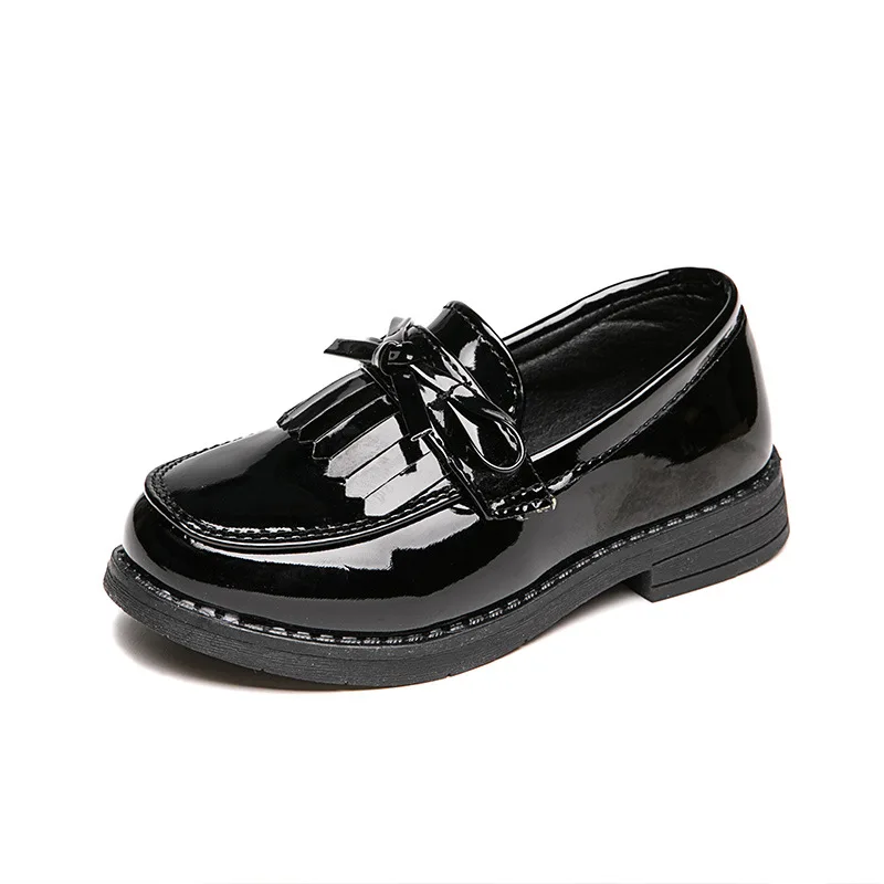 Girls Casual Leather Shoes Kids Flats Tassels with Bow-knot British Style Soft Slip-on Loafers for Wedding Party Bright Skin New