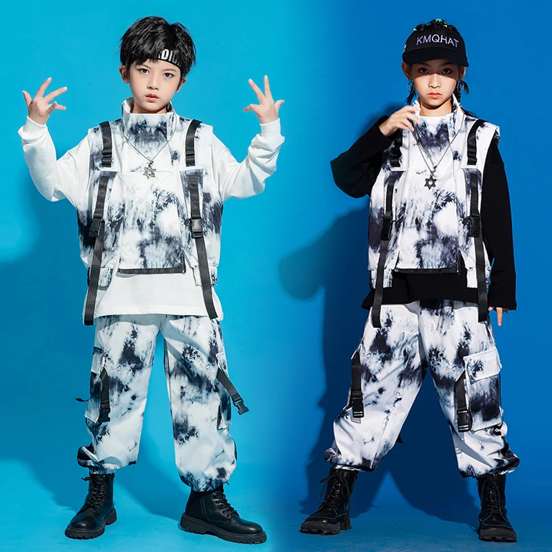 

Костюм для танцев в стиле хип-хоп, детская одежда для уличных танцев, жилет и брюки с эффектом тай-дай, одежда для рейвов для мальчиков, одежда для концертов, современная танцевальная одежда для девочек BL7487