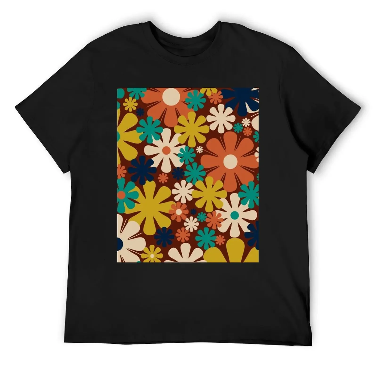 Retro 60s 70s Aesthetic Floral Pattern in Midcentury Rust Orange Mustard Teal Blue Beige T-Shirt