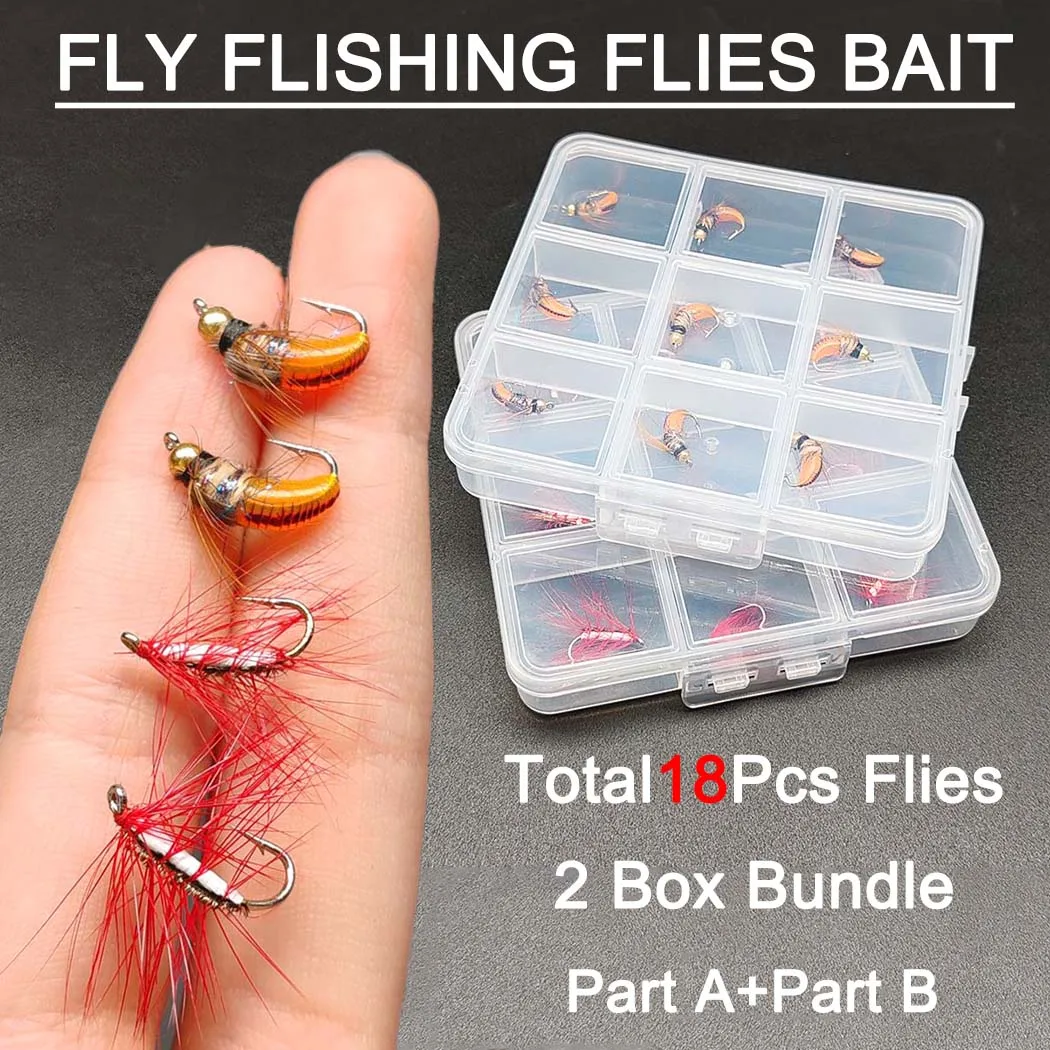 2-Boxen-Set (insgesamt 18 Fliegen) 2 verschiedene Stile Fliegenfischen-Köder-Set, Nassfliegen-Nymphen-Köder für Forelle, Barsch, Karpfen – Größe # 10 Haken