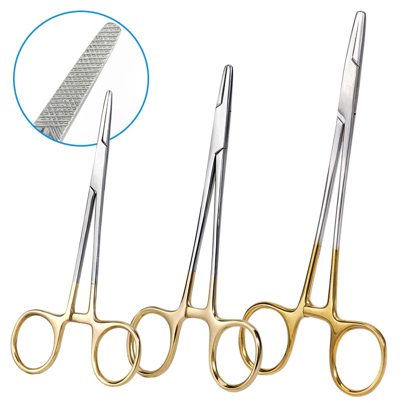 

1 шт. Зажим для игл стоматологический, многоразовый, с позолоченной ручкой, для наложения швов, 12/14/16 см, гемостат, фиксирующий зажим, хирургический инструмент ﻿