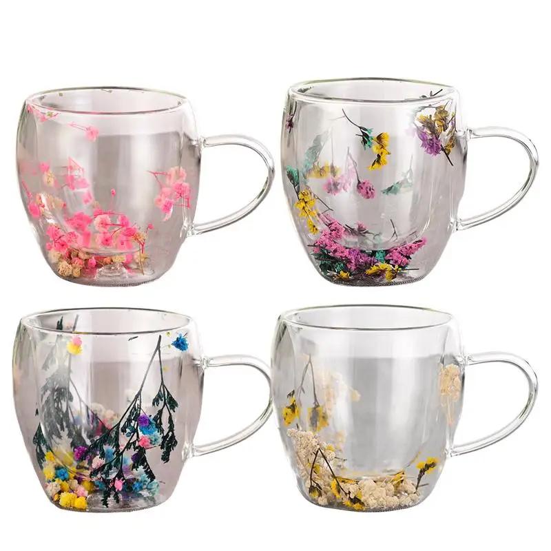 Tazas estéticas de flores secas, vaso de doble capa de cristal de pétalo, taza de doble pared transparente con infusión de flores y mango para café, té de la leche