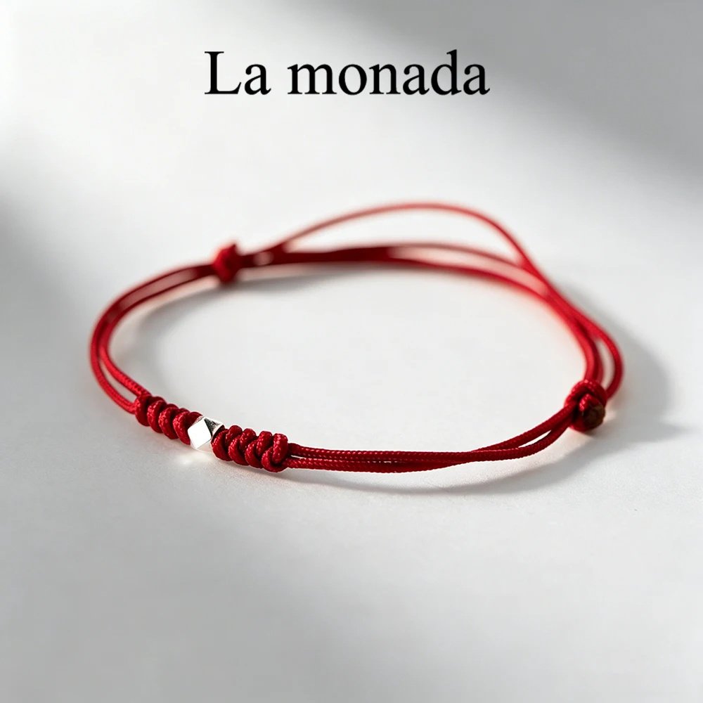 La Monada Women 925 Sterling Silver Single Cube Bead Adjustable Red Rope Bracelet Max 23cm Handmade Thread Wristband