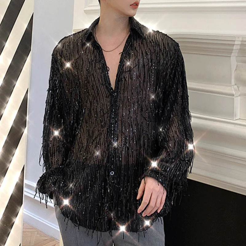 PFHQ Irregular Beaded Tassel Shirts Men\'s Nightclub Sequin Light Luxury Sexy Handsome Personality Male Tops Summer New 21Z4206