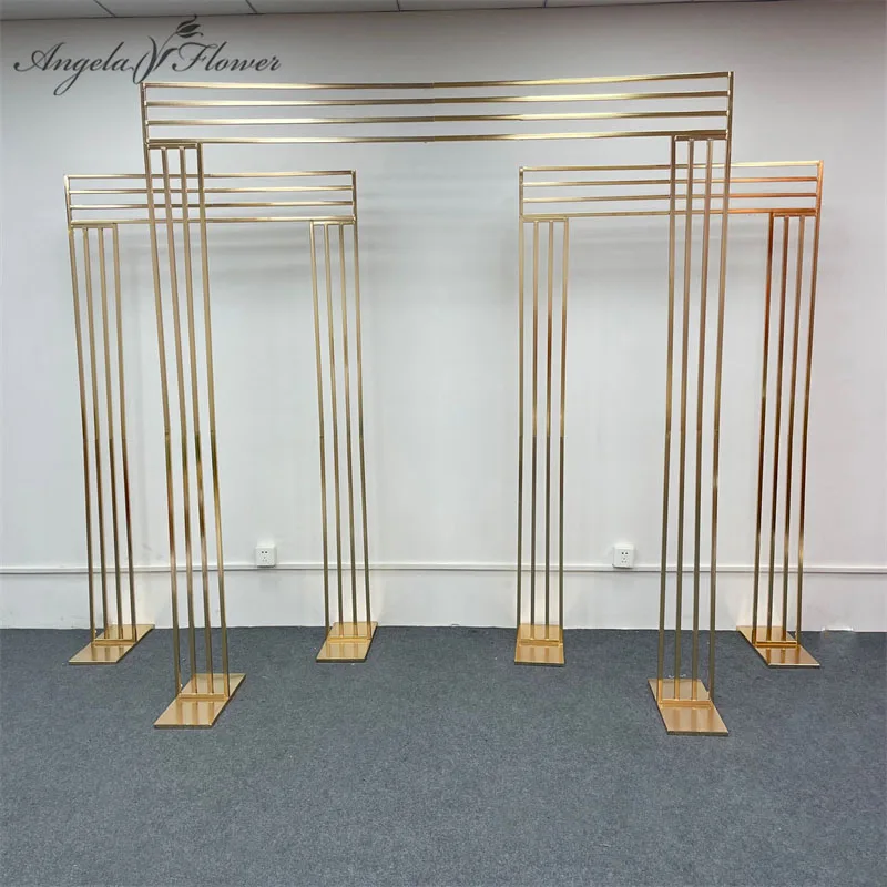 2m Shiny Gold-Plated Frame Geometric Square Screen Iron Plate Base Wedding Backdrop Flower Stand Signage Shelf Event Party Props