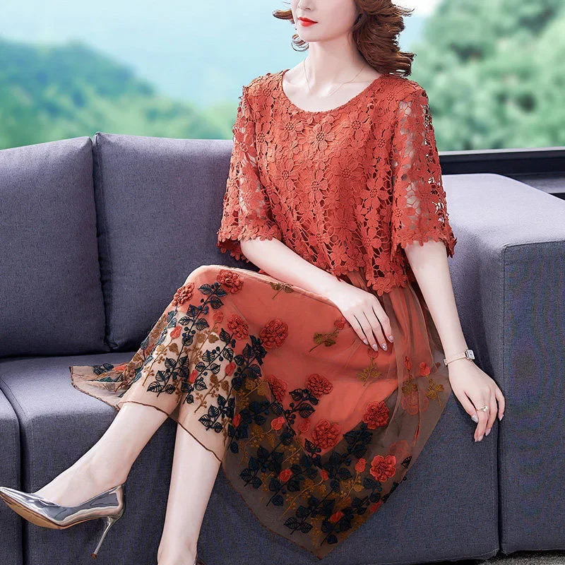 

Summer Womens Sweet Hollow Out Organza Embroidery Orange Dress , Woman Clothes Casual 2023 New 4xl 5xl Mesh Dresses