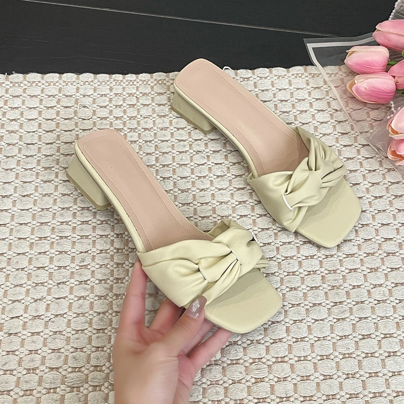 2024 Summer New Fashionable Square Head Solid Color Simple and Sexy External Leather Slippers Versatile Women's Single Shoes