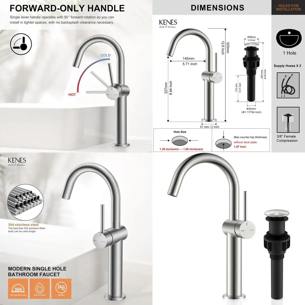 

Modern Single Handle Brushed Nickel Vessel Sink Faucet with Pop-Up Drain, KE-9005C