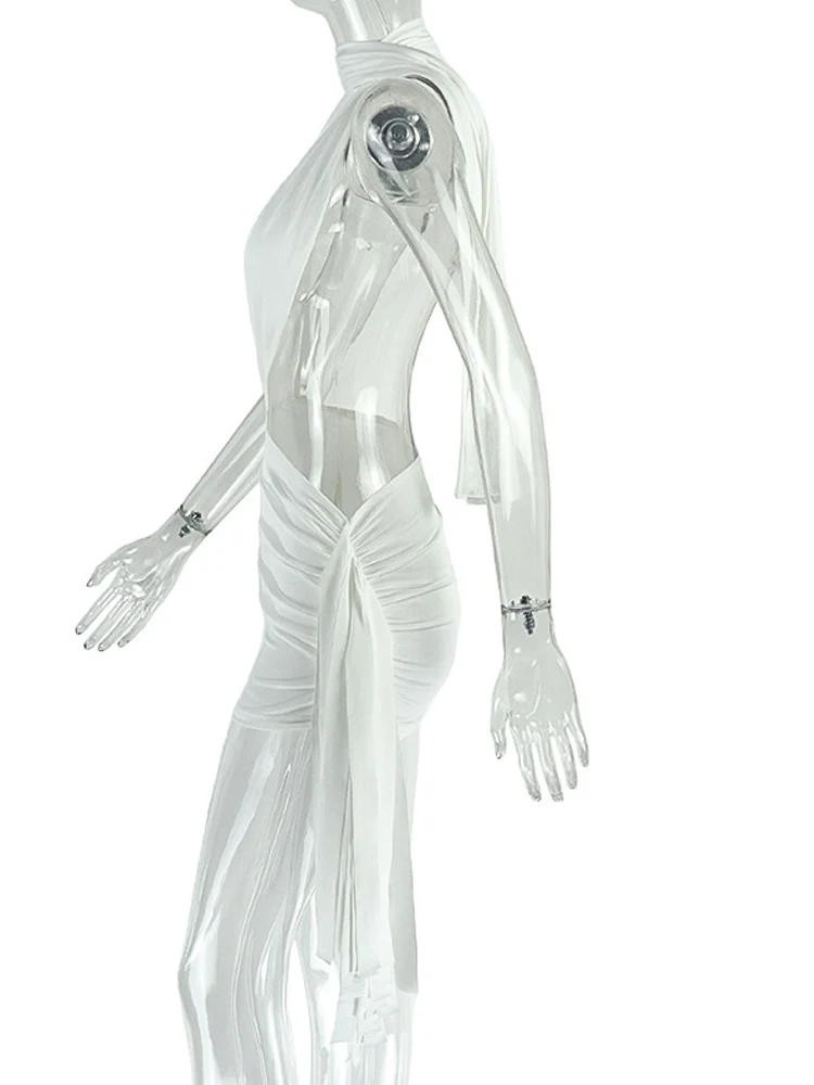 Beyprern Mini abito sexy con scollo all'americana e ritaglio increspato Abito da donna con fasciatura bianca senza maniche aderente avvolgente per la notte fuori