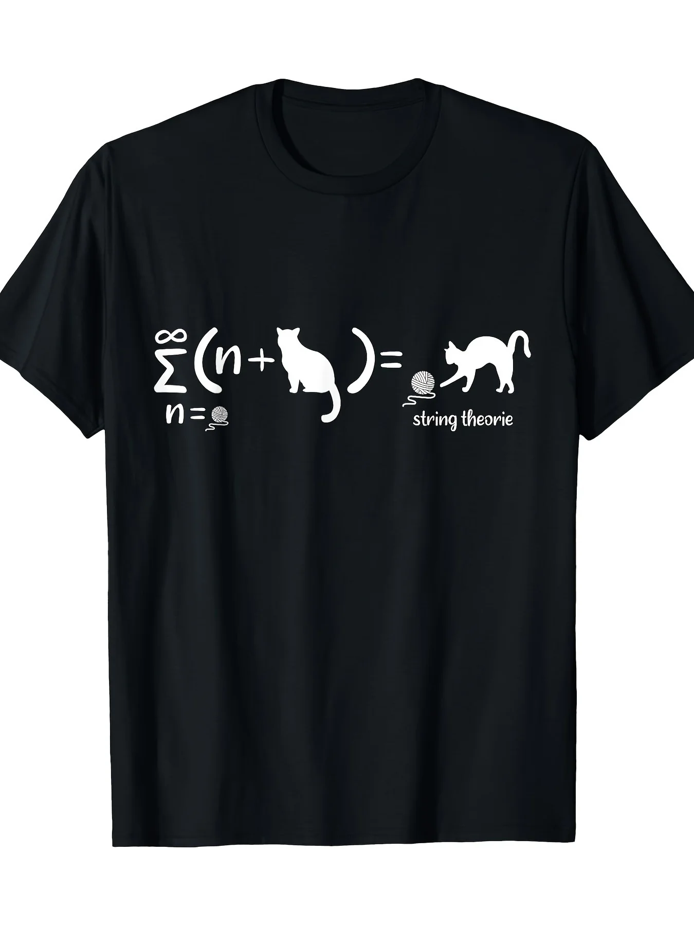 Black T-Shirt Featuring a Design Related to Men's String Theory Physics and Schrödinger's Cat, Perfect for Science Enthusiasts. This Casual Tee Includes Quantum Mechanics Symbols, Offers a Regular Fit