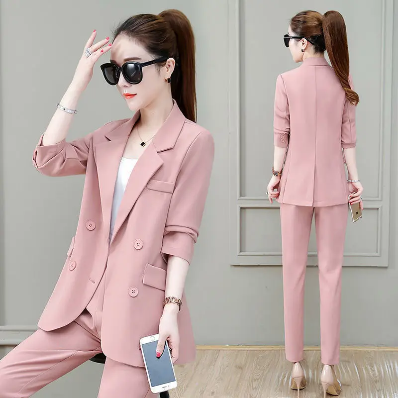 2022 Spring and Autumn Korean New Suit Elegant Women's Suit Suspender Double Breasted Loose Jacket Leggings Three Piece Set