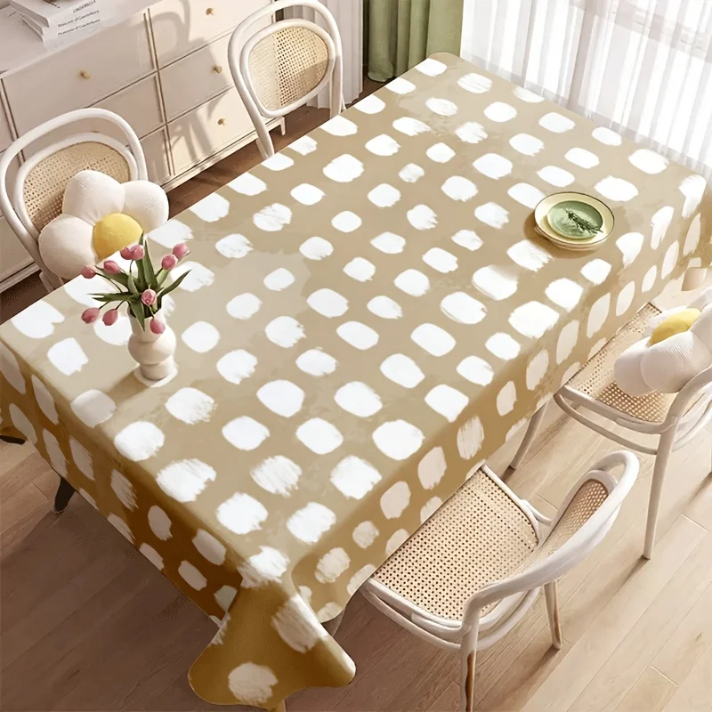 Brush Dot Tablecloth, Khaki Base With Hand Painted White Spot Print, Rectangular Table Cover Farmhouse Home Dining Table Decor