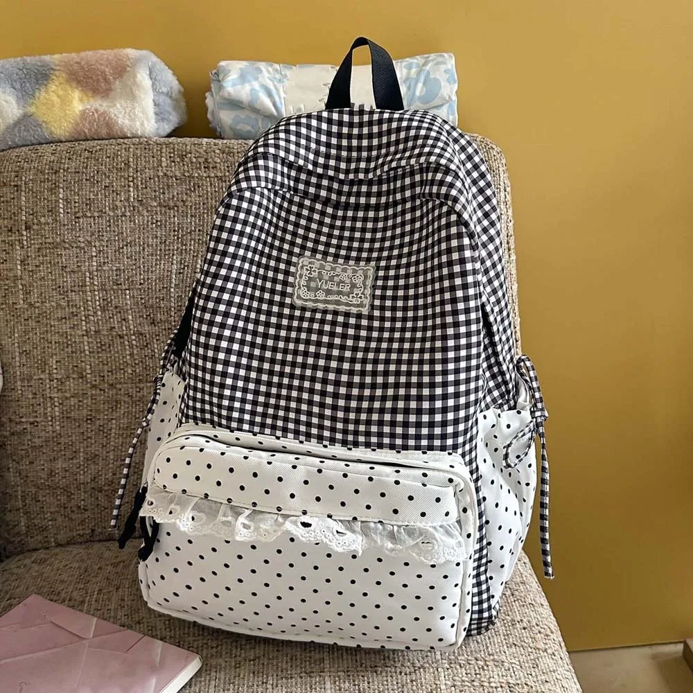 Korean Style Plaid Backpack Ruffle Design Pastel Color Lace Schoolbag Zipper Closure Multi Pockets Gingham Daypack Commute