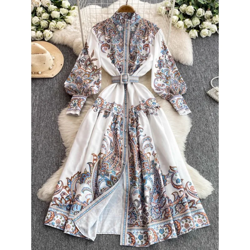 الرجعية المحكمة الأوروبية الوقوف طوق واحدة الصدر زر جرس كم الخصر Cinching مطوي التخسيس طويل طباعة ألف خط فستان #2