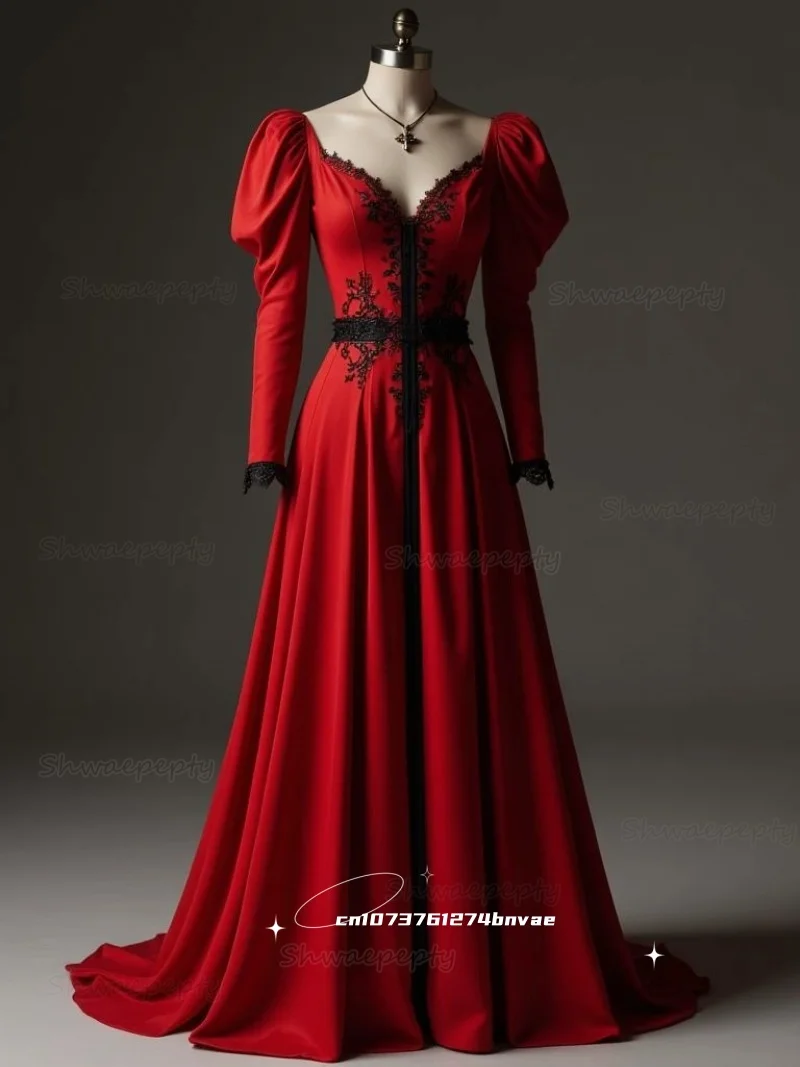 Abito da ballo rosso a maniche lunghe con sbuffo Abiti da sera eleganti con scollo a V 2026 Applicazioni in pizzo nero Abiti da eventi formali vintage personalizzati