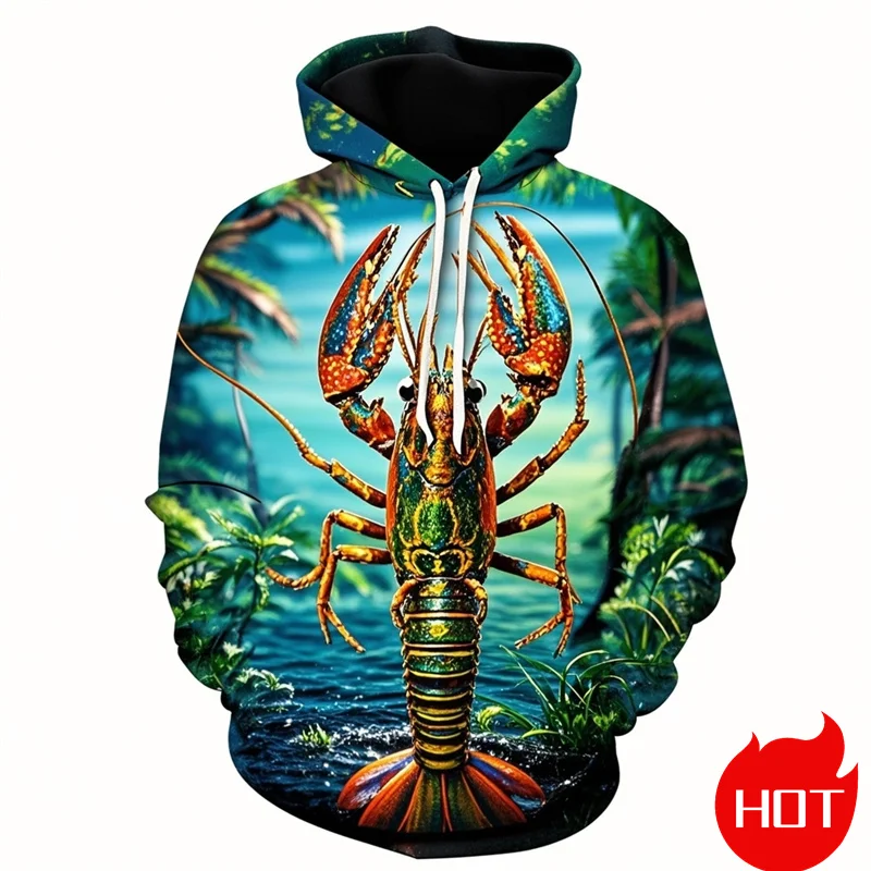 Autumn New 3D Printed Cute Animal Shrimp Hoodies Seafood Lobster Graphic Hooded Sweatshirts Kid Funny Pullover Mens Clothing Top