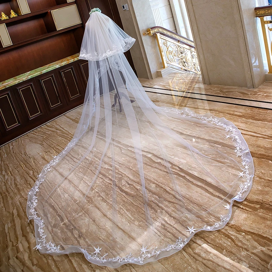 New Arrival Two Layers Bridal Veils Star Lace Appliques Bride wedding accessories 3 Meter Cathedral Wedding veils velos de novia