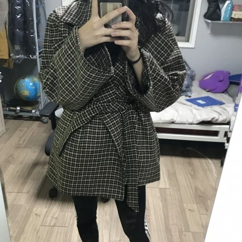 2023 inverno nuova versione coreana del cappotto femminile di lana scozzese donna piccolo vestito Casual cappotto di media lunghezza in vita per il pendolare