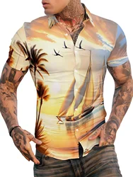 Palm Men's Hawaiian Shirts, Summer Beach Casual Short Sleeve Button Down Shirts, Tropical Holiday Beach Shirts with Pocket