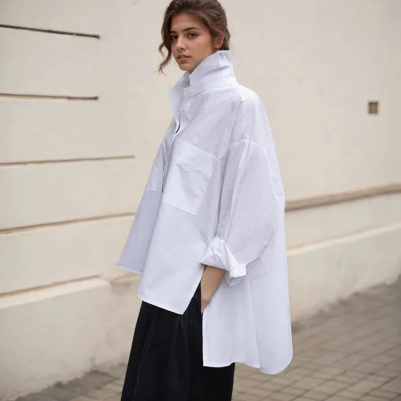 

Casual Loose Women's Shirt Fashion Single Breasted Long Sleeve Lapel White Irregular Cotton Shirts Korean Style Cotton Wild Tops