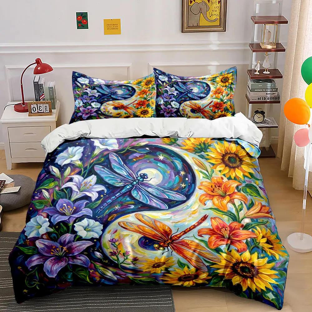 Elegant Harmony of Dragonflies and Flowers Pattern Duvet Cover Set Digital Print Colorful Polyester Bedding with Zipper Closur