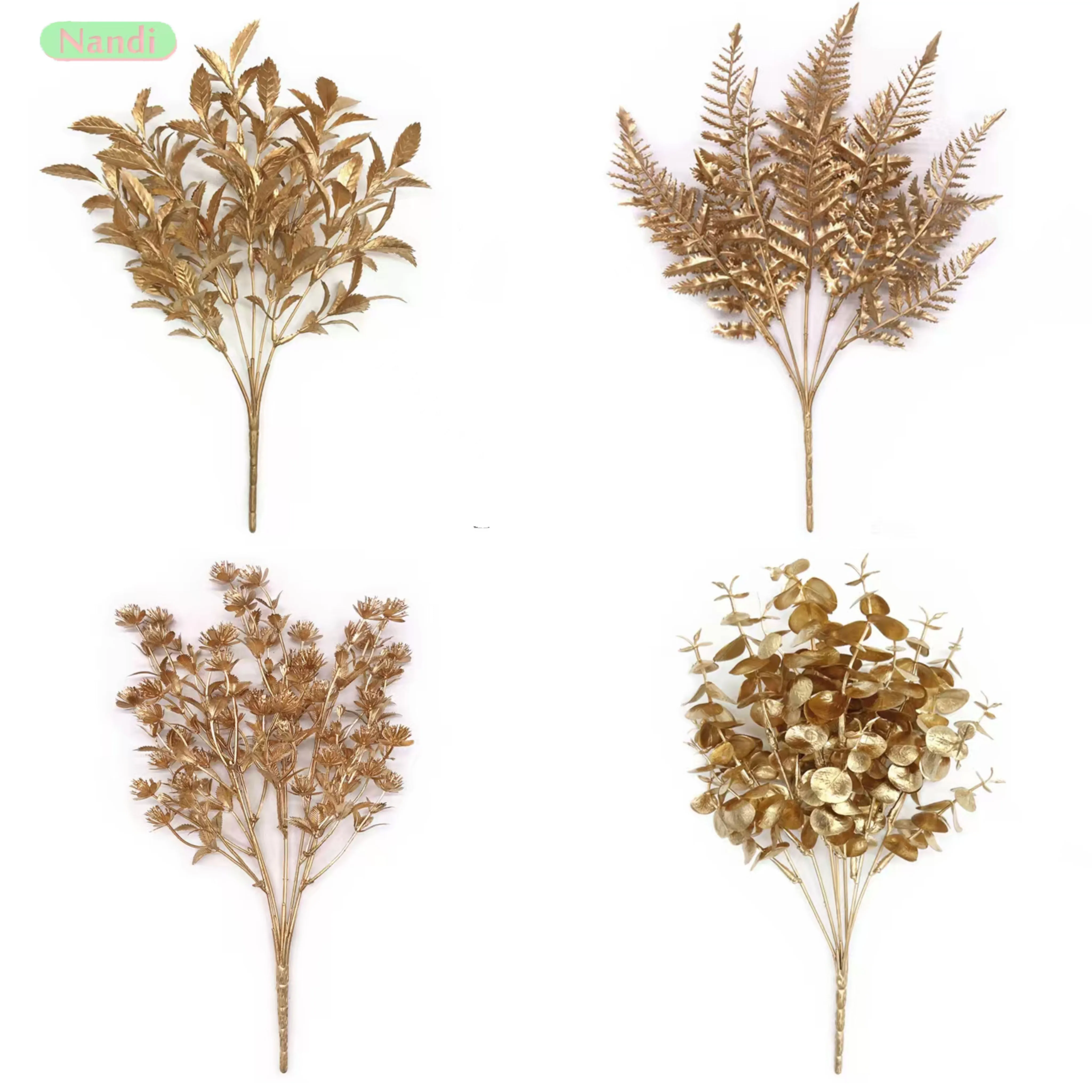 زهرة اصطناعية ذهبية فضية ورد صناعي يترك نباتات بلاستيكية لتقوم بها بنفسك باقة الزفاف الجدول ديكور المنزل صور الدعامة #1