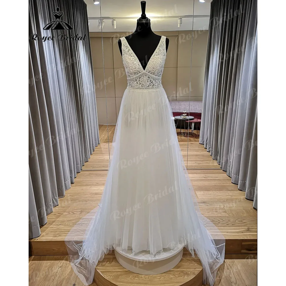 Vestidos Summer Beach Sleeveless Boho A Line Bohemian Lace Wedding Dress for Women 2023 Wedding Gown abito da sposa Roycebridal