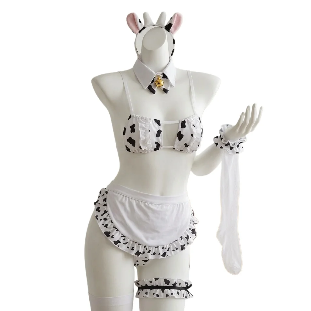 Cos Cow Cosplay Costume Maid Outfits Women Lingerie Anime Girls Lolita Bra and Panty Set Stockings