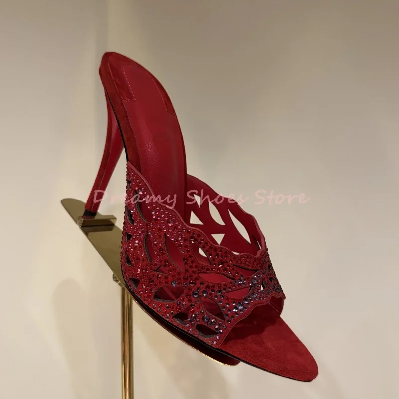 

Red Suede Rhinestone Hollow Stiletto Mules Slippers Women Crystal Open Toe Slip On High Heels Luxury Fashion Party Dress Sandals