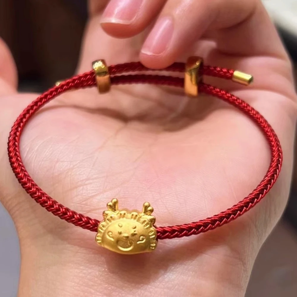 

1pcs Pure 24K Yellow Gold Bracelet For Women 3D Dragon Steamed Dumpling Baby Red String Bracelet