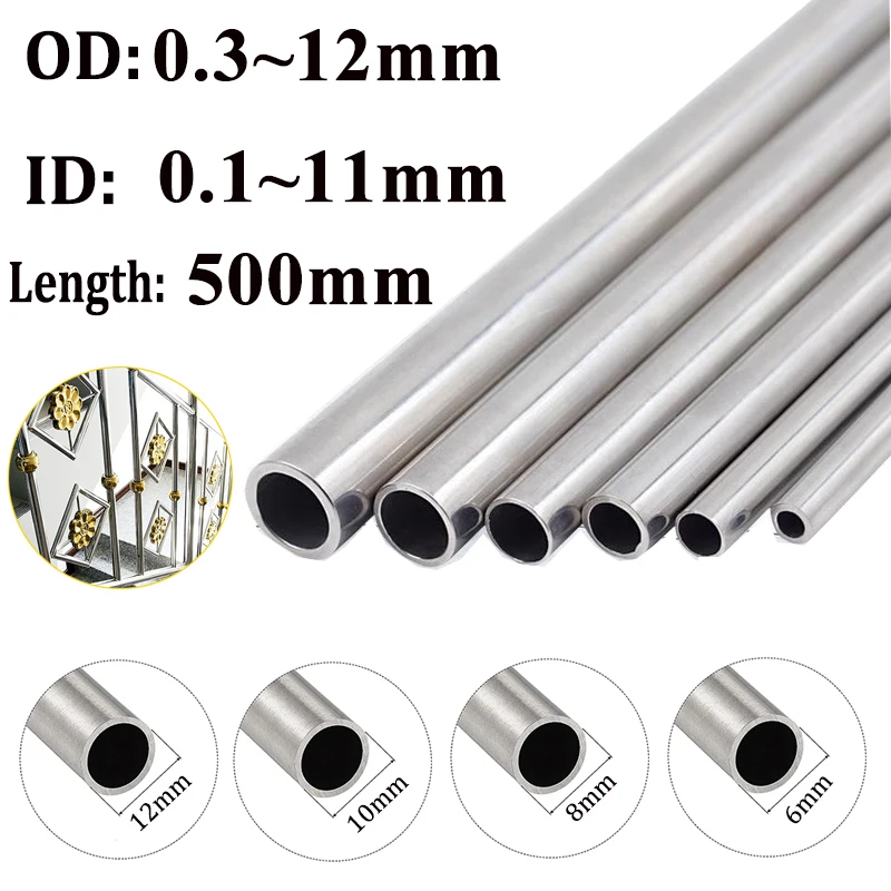 1pcs~10pcs 304 Stainless Steel Round Capillary Seamless long Straight Tube OD 0.3~12mm ID 0.1~11mm length 500mm Multi-spec