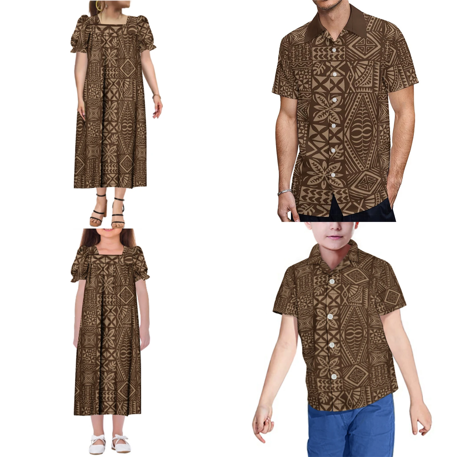 Polynesian Tribe Floral Custom Fiji Micronesian Samoan Family Party Set Mother Daughter Mumu Dress Father Son Casual Shirt