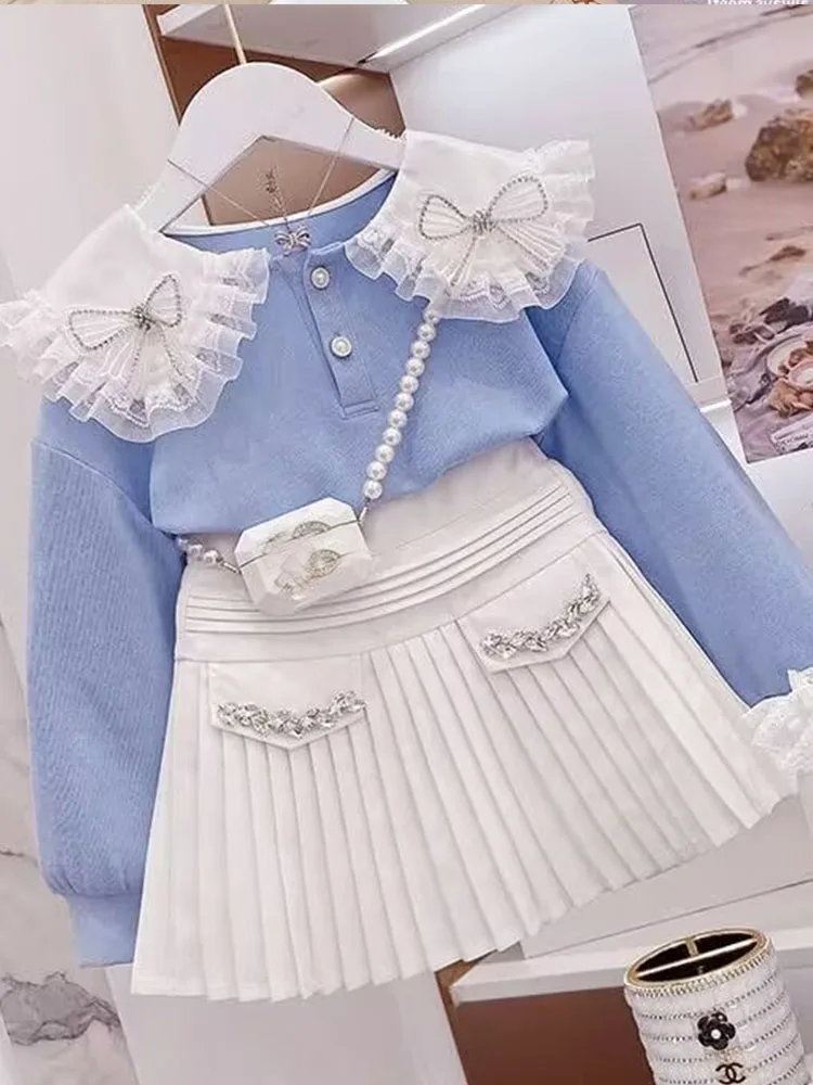 Children\'s Clothing Sets Bow Knit Sweater +Pleated Skirt Set Kids Clothes for Girls Knitted Sets Infant Designer Clothes